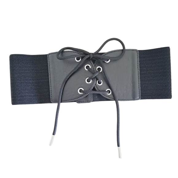 Wide Black lace up corset Boho stretch waist faux leather elastic dress belt - Picture 8 of 13